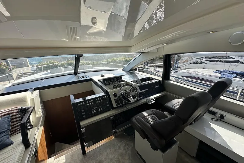 Three Bears Yacht Photos Pics Helm of 2012 Fairline Targa 58 yacht with modern controls and luxurious seating.