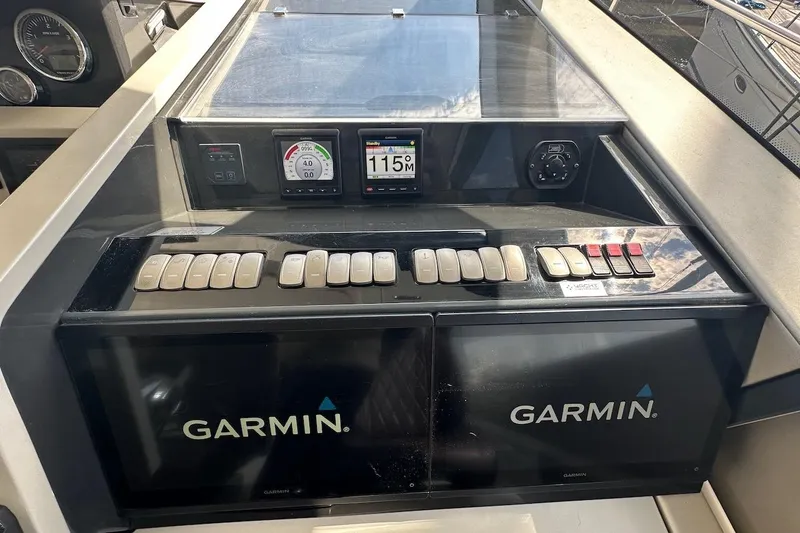 Three Bears Yacht Photos Pics Control panel of a 2012 Fairline Targa 58 yacht with Garmin displays.