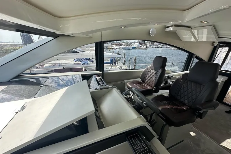Three Bears Yacht Photos Pics Interior of 2012 Fairline Targa 58 yacht with luxurious seating and marina view.