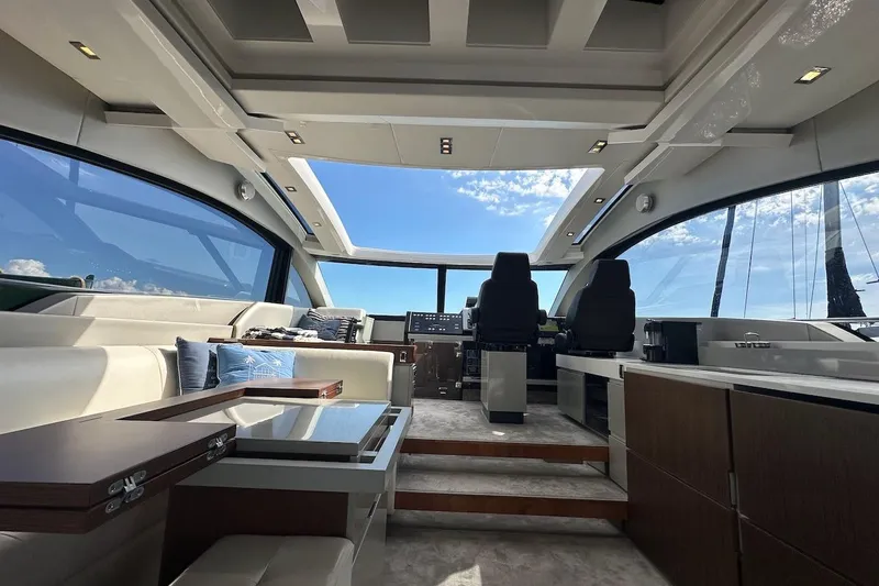 Three Bears Yacht Photos Pics Luxurious interior of 2012 Fairline Targa 58 yacht with panoramic windows and modern design.