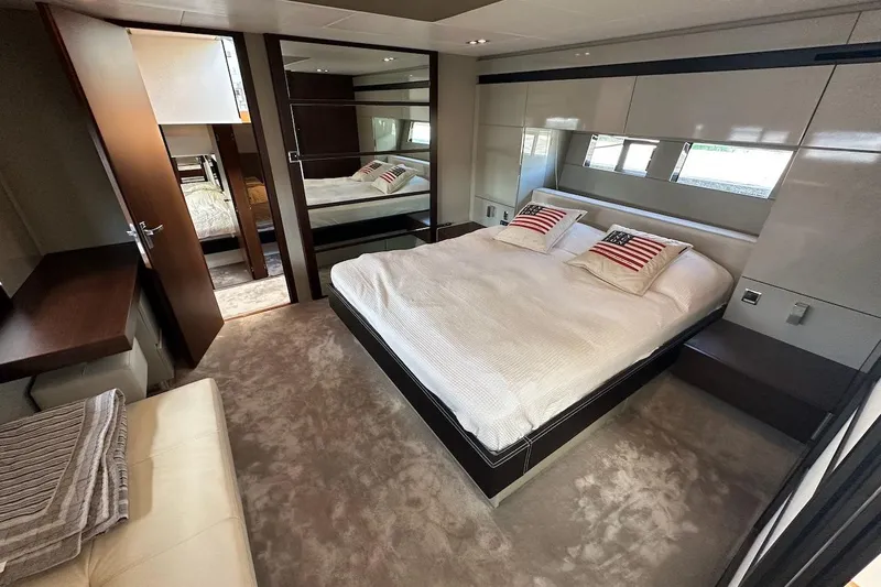 Three Bears Yacht Photos Pics Luxurious bedroom interior of 2012 Fairline Targa 58 yacht with modern design.