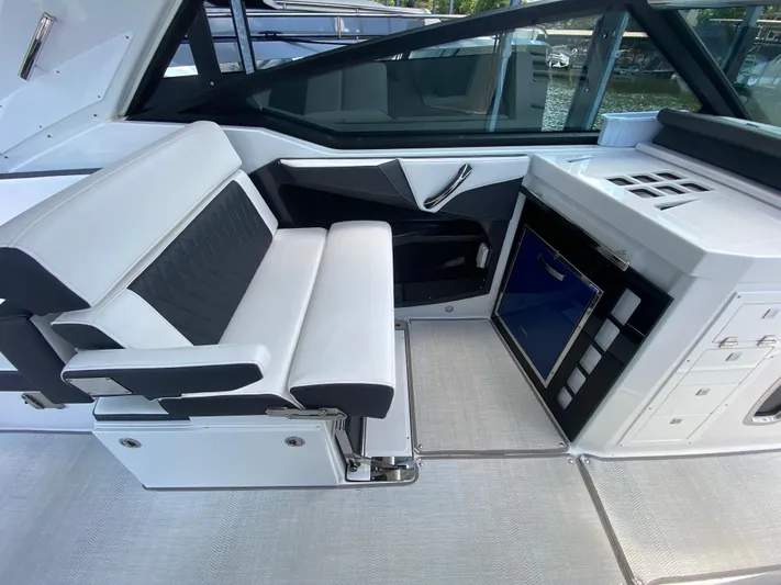  Yacht Photos Pics 2022 Monterey 378SS boat interior with sleek seating and modern design.