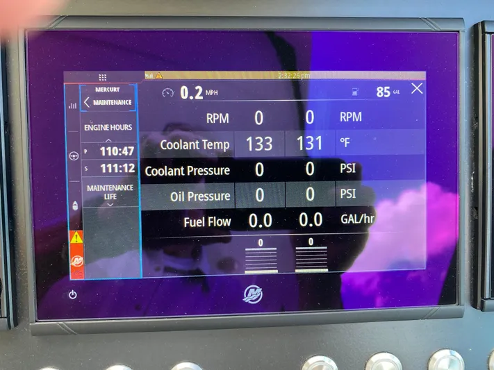  Yacht Photos Pics Dashboard display of a 2022 Monterey 378SS boat showing engine metrics and maintenance data.