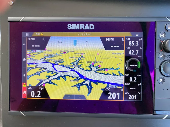  Yacht Photos Pics Simrad navigation display on 2022 Monterey 378SS boat, showing map and fuel data.
