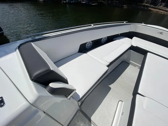  Yacht Photos Pics 2022 Monterey 378SS boat interior with sleek white seating and modern design.