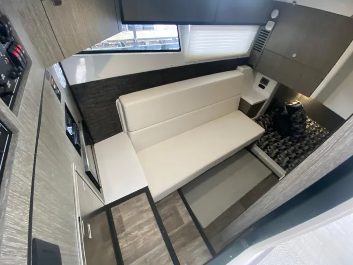  Yacht Photos Pics Interior of 2022 Monterey 378SS boat with modern seating and stylish design.