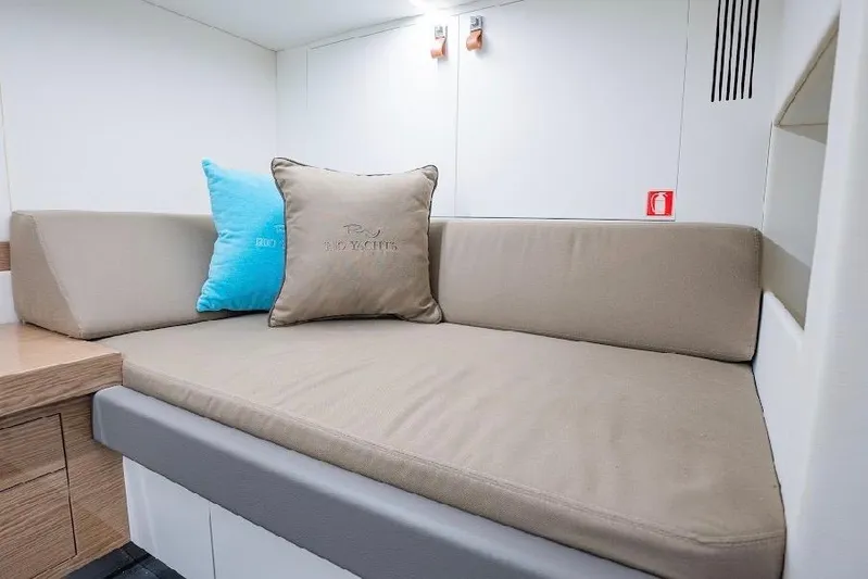  Yacht Photos Pics Luxurious interior of 2024 Rio Yachts Daytona 50 with comfortable seating and cushions.