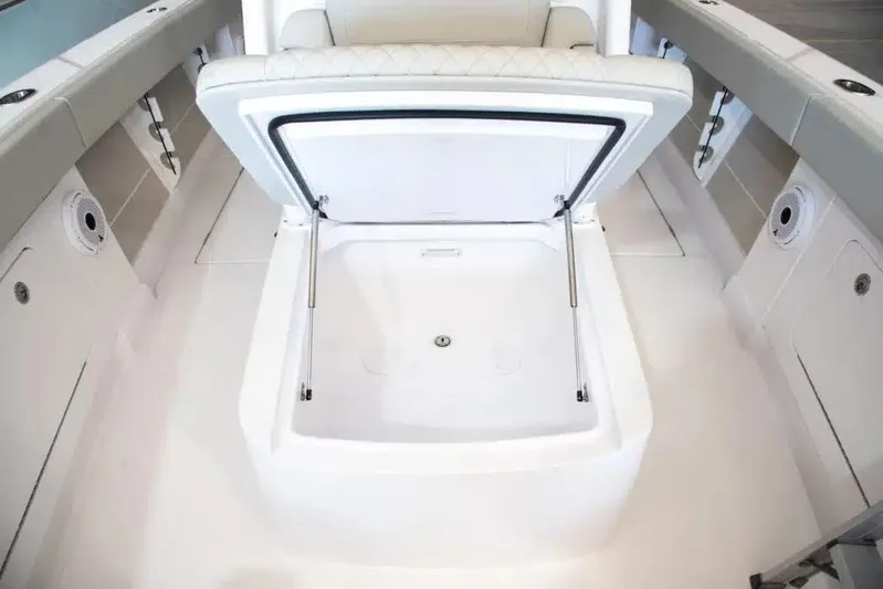  Yacht Photos Pics Open storage compartment on 2019 Jupiter 34 HFS boat deck.