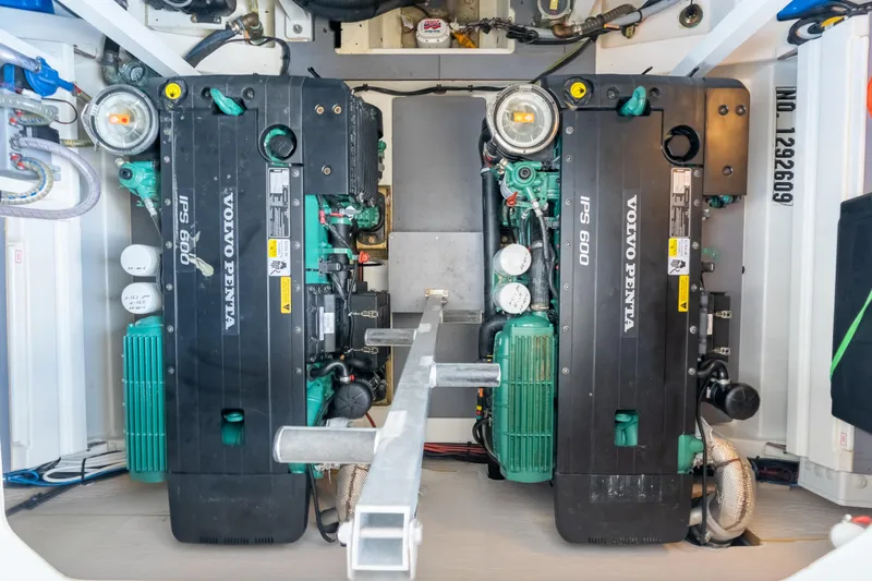 Motivated Seller Yacht Photos Pics Engine room of a 2019 Prestige 520 Flybridge yacht with twin Volvo Penta IPS 600 engines.