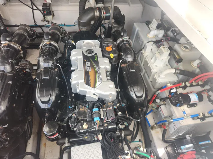  Yacht Photos Pics Engine room of a 2013 Sea Ray 370 Sundancer with visible components and wiring.