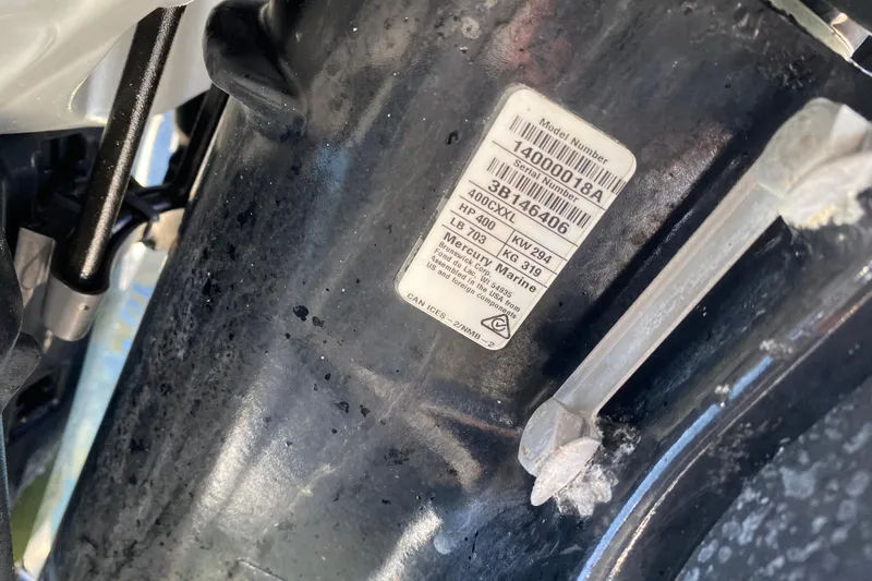  Yacht Photos Pics Label on a 2004 Deep Impact 36 DI boat engine, showing model and serial numbers.