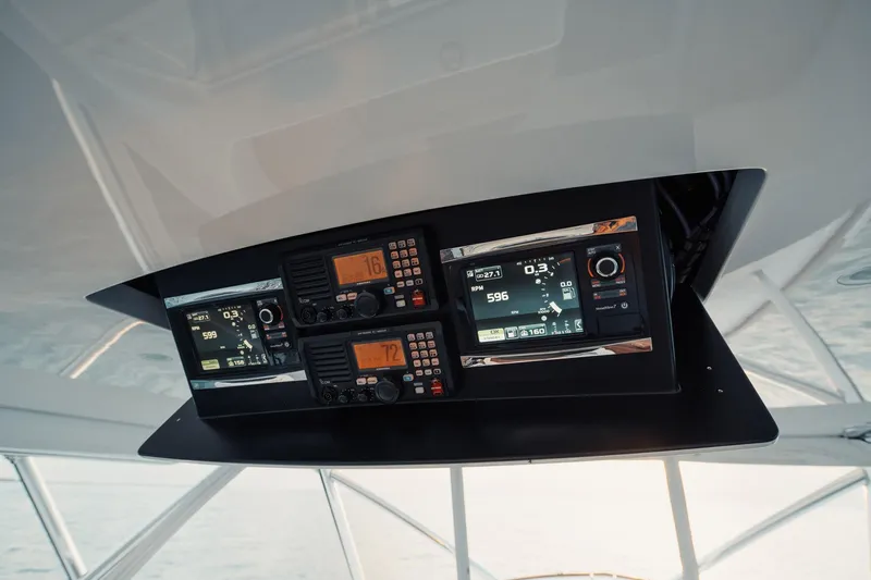 Dog House Yacht Photos Pics Control panel of a 2016 F&S Express boat with navigation and communication systems.