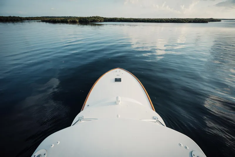 Dog House Yacht Photos Pics Bow of 2016 F&S Express boat navigating calm waters under a clear sky.