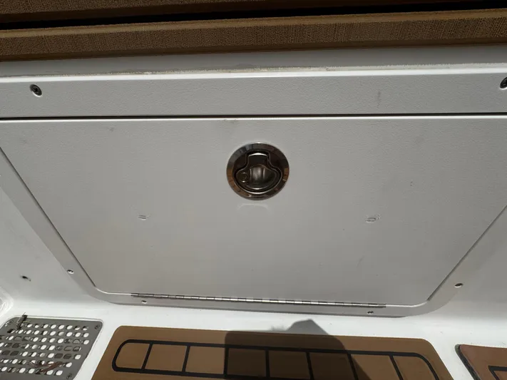  Yacht Photos Pics Compartment door on a 2019 World Cat 3200 boat, featuring a metal handle.