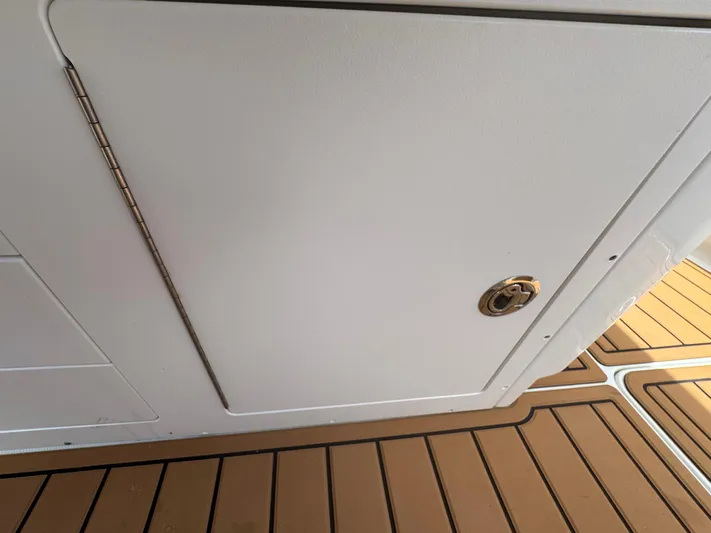  Yacht Photos Pics 2019 World Cat 3200 boat compartment door with teak flooring.