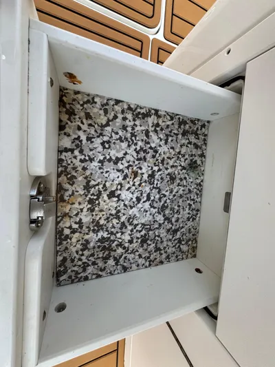  Yacht Photos Pics Open storage compartment with speckled interior on a 2019 World Cat 3200 boat.