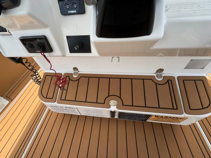 Yacht Photos Pics 2019 World Cat 3200 boat deck with control panel and teak flooring.