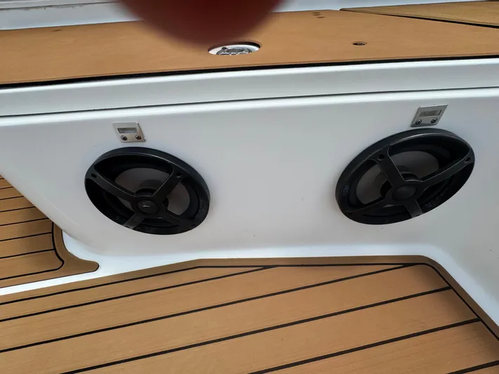  Yacht Photos Pics 2019 World Cat 3200 boat speakers on teak deck.