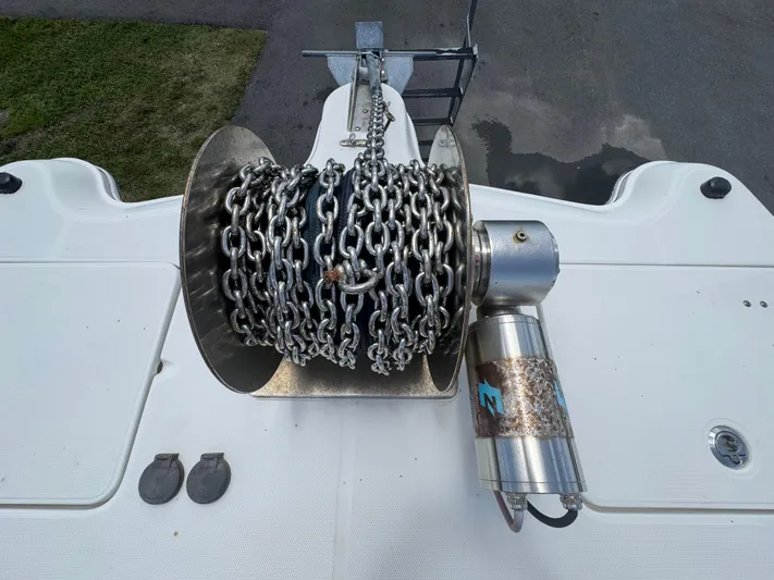  Yacht Photos Pics Anchor chain on a 2019 World Cat 3200 boat deck.