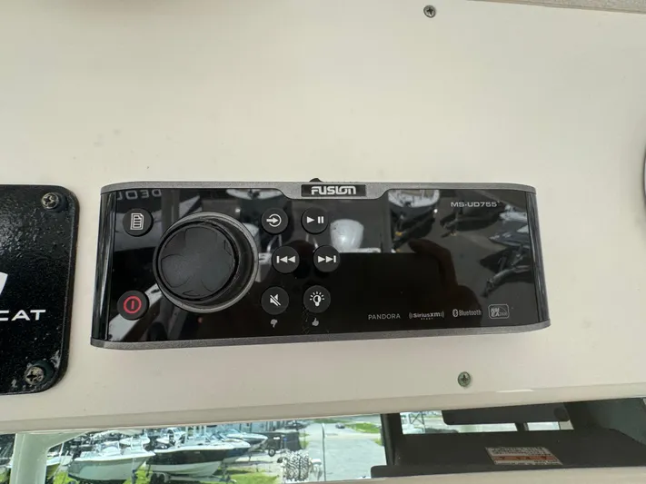  Yacht Photos Pics Fusion MS-UD755 marine stereo on 2019 World Cat 3200 boat dashboard.