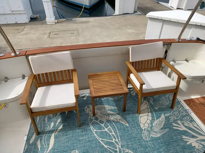  Yacht Photos Pics Deck of 2020 Greenline 40 yacht with wooden chairs and table on a nautical-themed rug.
