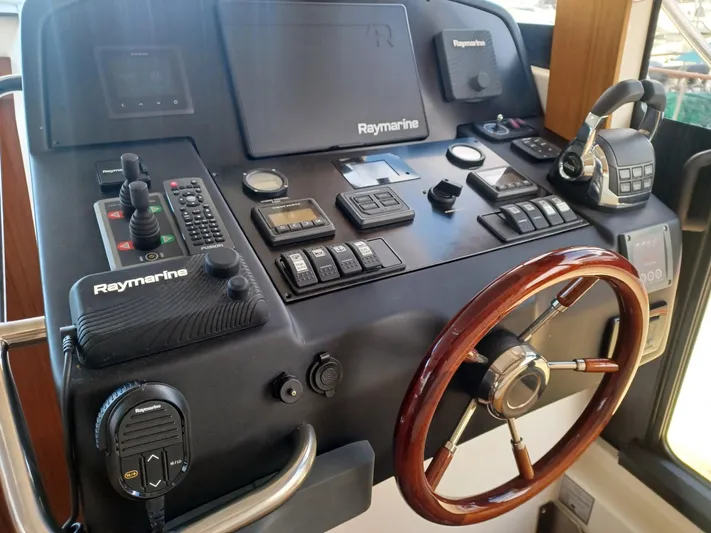  Yacht Photos Pics Control panel of a 2020 Greenline 40 yacht with Raymarine navigation equipment.