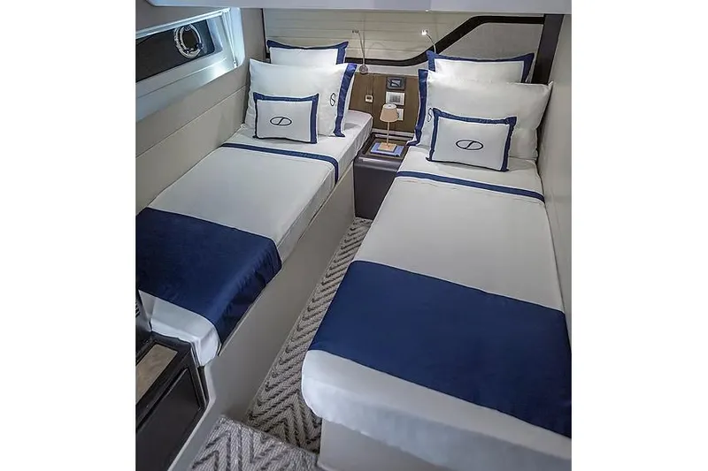  Yacht Photos Pics Manufacturer Provided Image: Luxurious twin cabin interior of 2025 Schaefer 600 yacht with elegant bedding.