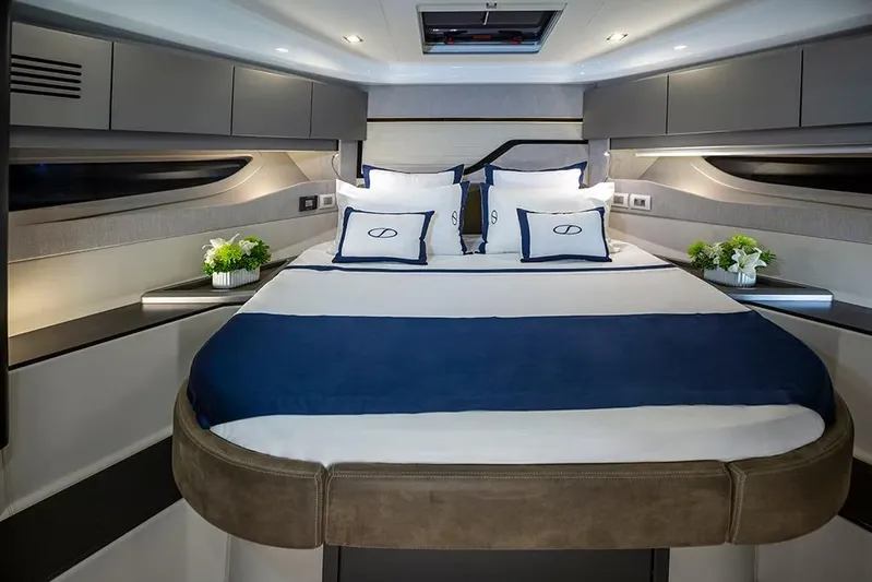  Yacht Photos Pics Manufacturer Provided Image: Luxurious cabin interior of 2025 Schaefer 600 yacht with elegant bedding and modern design.