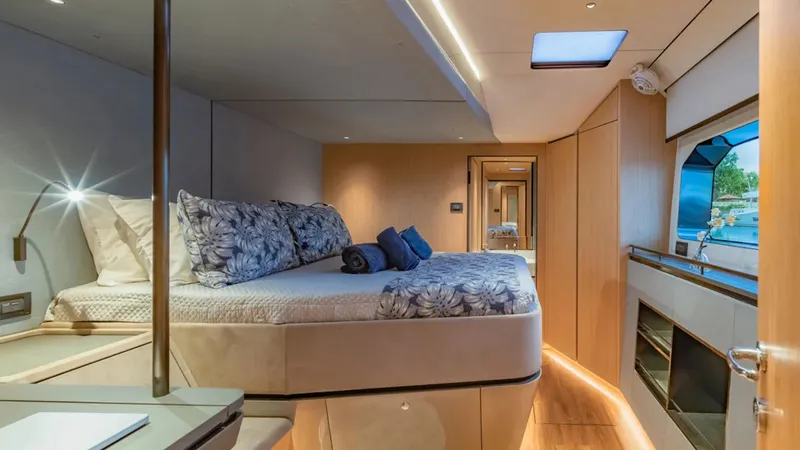 Jack Yacht Photos Pics Luxurious 2023 McConaghy MC75 yacht bedroom with modern design and elegant furnishings.
