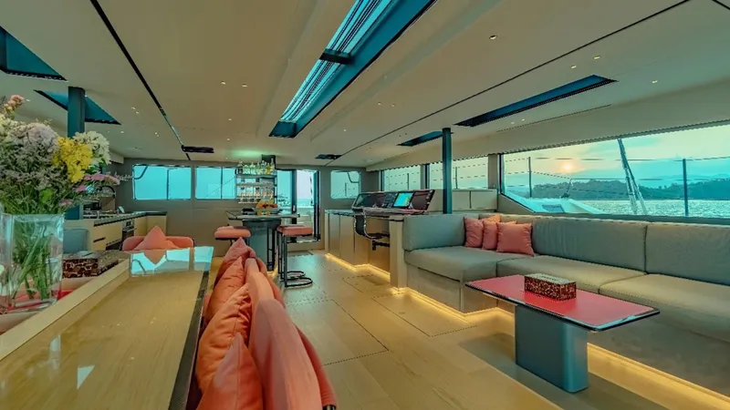 Jack Yacht Photos Pics Luxurious interior of 2023 McConaghy MC75 yacht with modern design and panoramic windows.