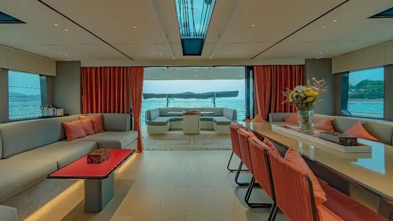 Jack Yacht Photos Pics Luxurious 2023 McConaghy MC75 yacht interior with elegant seating and panoramic ocean views.