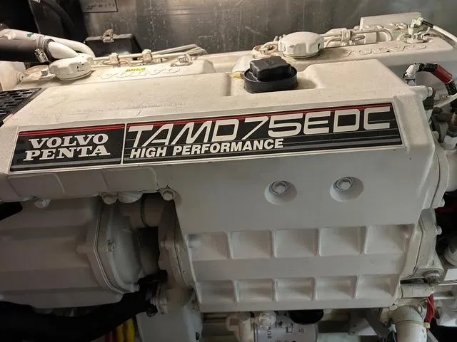 River Dancer Yacht Photos Pics Volvo Penta TAMD75EDC engine in 2004 Carver 466 Motor Yacht, high performance label visible.