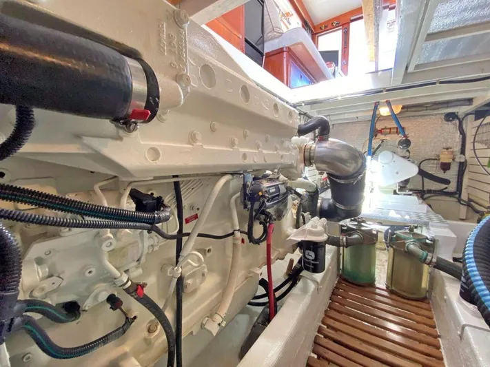  Yacht Photos Pics Engine room of a 1981 Grand Banks 42 Europa, showcasing detailed mechanical components.