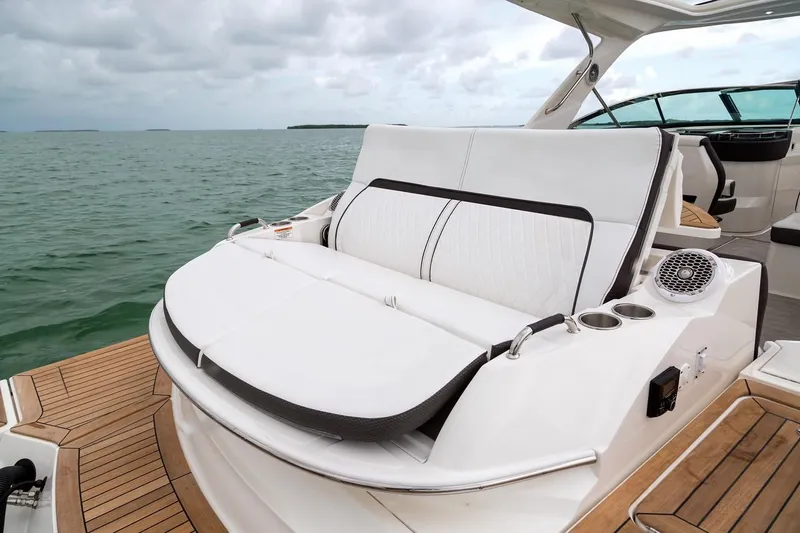  Yacht Photos Pics Manufacturer Provided Image: 2019 Sea Ray SLX 350 luxury boat with spacious seating on open water.