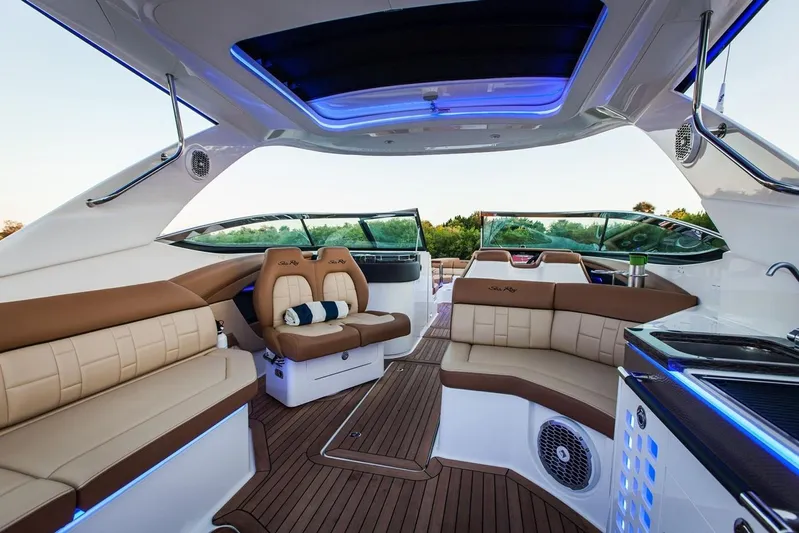  Yacht Photos Pics Manufacturer Provided Image: 2019 Sea Ray SLX 350 boat interior with luxurious seating and modern amenities.