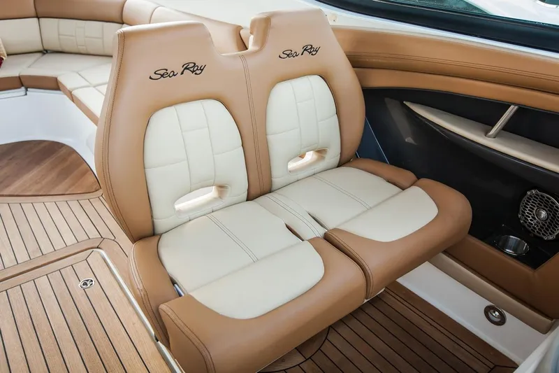  Yacht Photos Pics Manufacturer Provided Image: 2019 Sea Ray SLX 350 boat interior with tan and white leather seats.