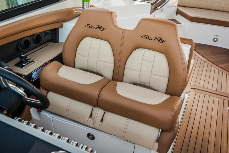  Yacht Photos Pics Manufacturer Provided Image: 2019 Sea Ray SLX 350 boat interior with tan and white leather seats.