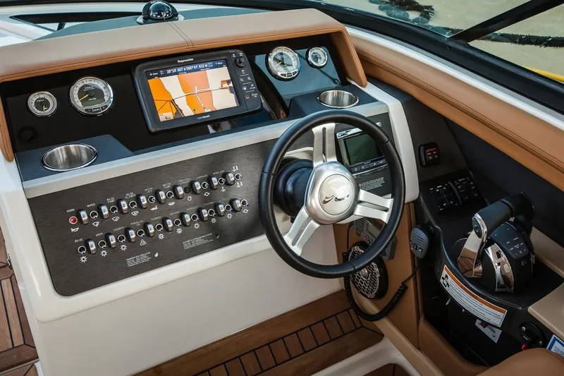  Yacht Photos Pics Manufacturer Provided Image: 2019 Sea Ray SLX 350 helm with navigation system and controls.