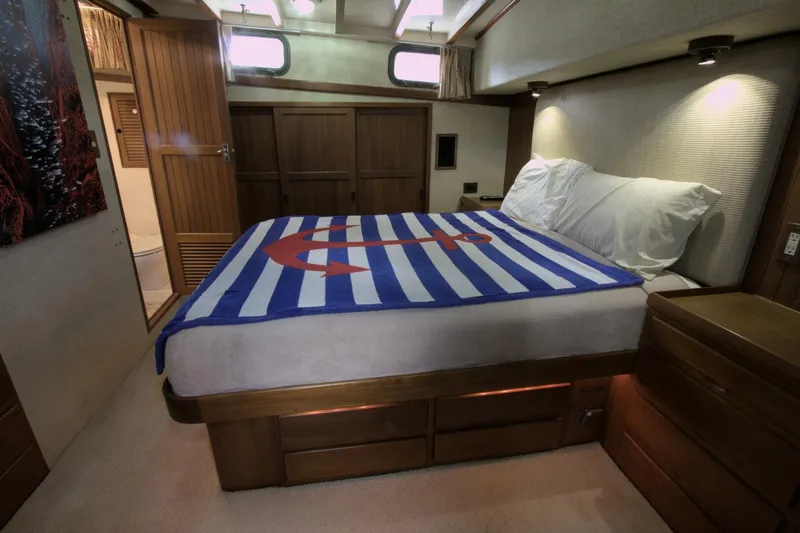 Ursa Minor Yacht Photos Pics Luxurious cabin interior of 1988 Kadey-Krogen Krogen 54 yacht with nautical-themed bedding.