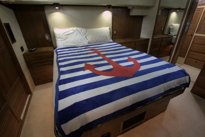 Ursa Minor Yacht Photos Pics Cozy bedroom in 1988 Kadey-Krogen Krogen 54 with nautical-themed bedding.