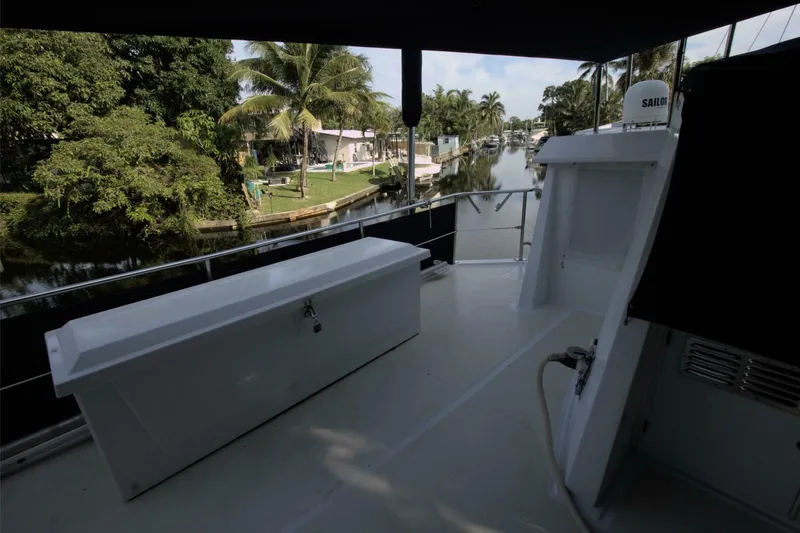 Ursa Minor Yacht Photos Pics 1988 Kadey-Krogen Krogen 54 yacht deck with canal view, surrounded by lush greenery.