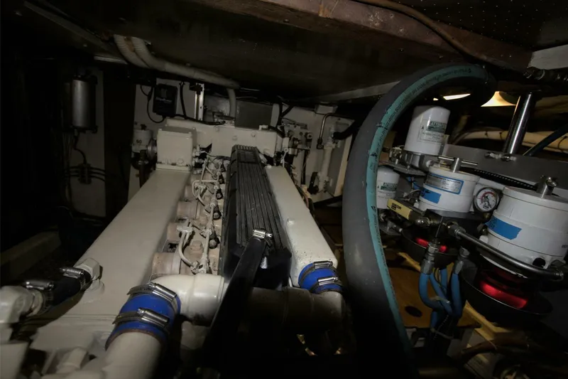 Ursa Minor Yacht Photos Pics Engine room of 1988 Kadey-Krogen Krogen 54 yacht, showcasing mechanical components and piping.