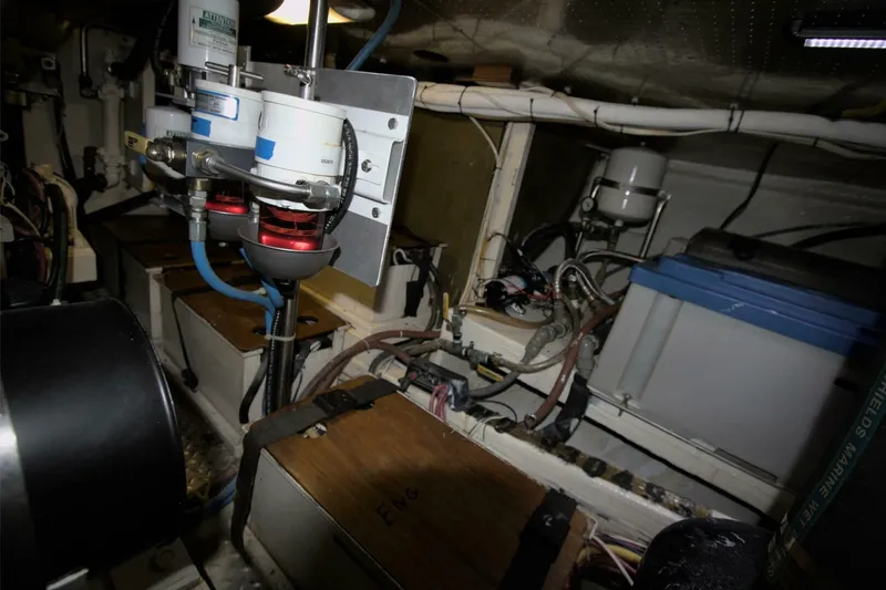 Ursa Minor Yacht Photos Pics Engine room of 1988 Kadey-Krogen Krogen 54 with fuel filters and electrical components.