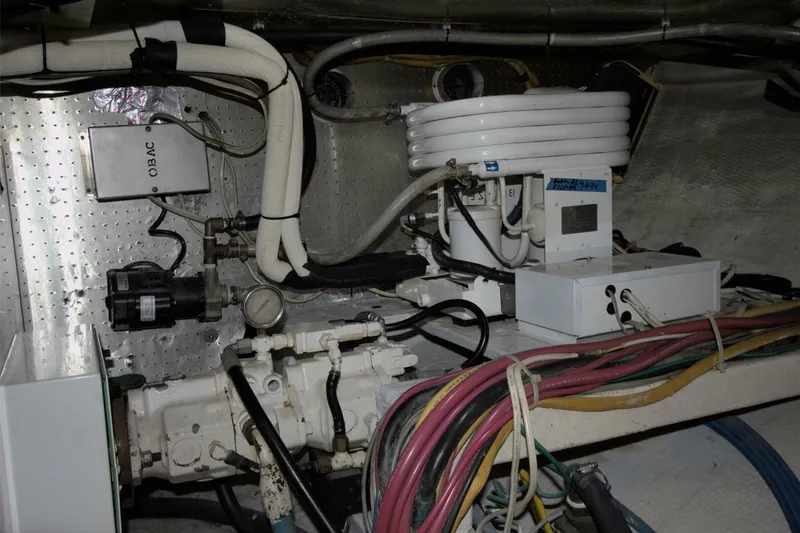 Ursa Minor Yacht Photos Pics Engine room of 1988 Kadey-Krogen Krogen 54 with mechanical components and wiring.