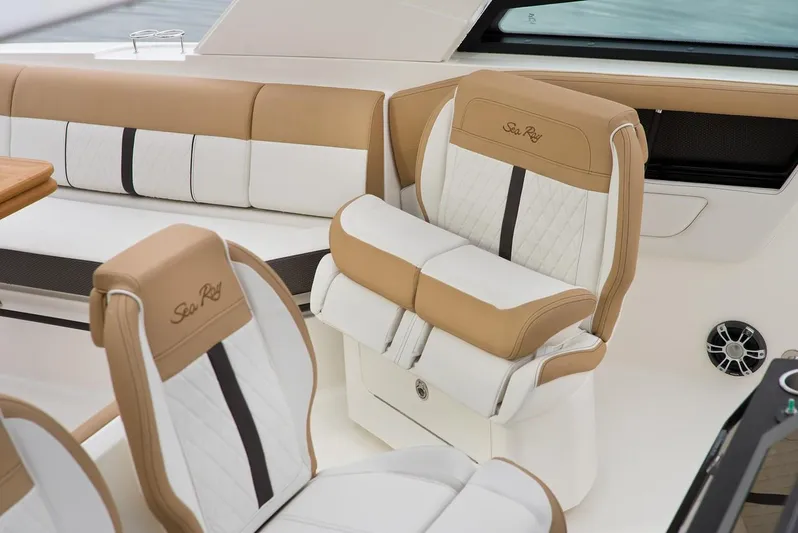 Sensei I Yacht Photos Pics Manufacturer Provided Image: Luxurious seating on the 2021 Sea Ray SLX 400 boat with tan and white upholstery.
