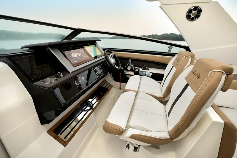 Sensei I Yacht Photos Pics Manufacturer Provided Image: 2021 Sea Ray SLX 400 helm with dual captain's chairs and advanced navigation system.