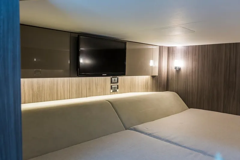 Sensei I Yacht Photos Pics Manufacturer Provided Image: Interior cabin of 2021 Sea Ray SLX 400 with TV and modern lighting.