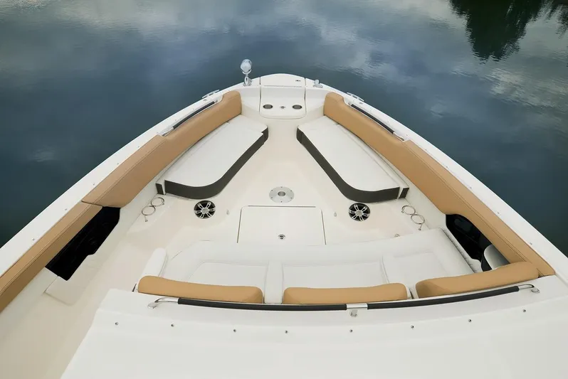 Sensei I Yacht Photos Pics Manufacturer Provided Image: 2021 Sea Ray SLX 400 boat bow seating area on calm water.