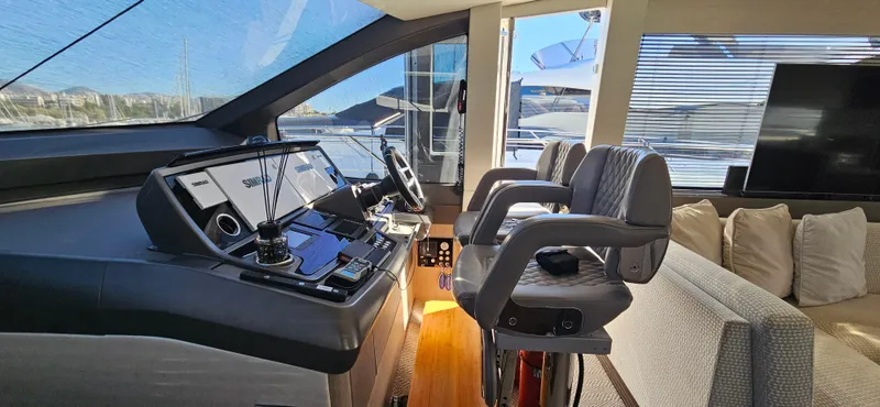  Yacht Photos Pics Interior of 2019 Sunseeker Manhattan 66 yacht, featuring modern helm and luxurious seating.