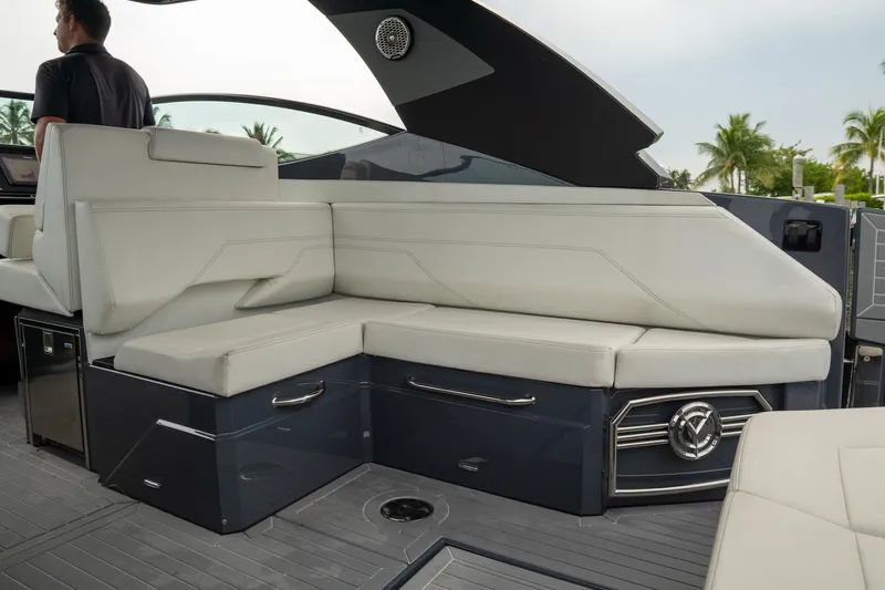 Di Blue Yacht Photos Pics 2022 Cruisers Yachts 38 GLS interior with sleek seating and modern design.